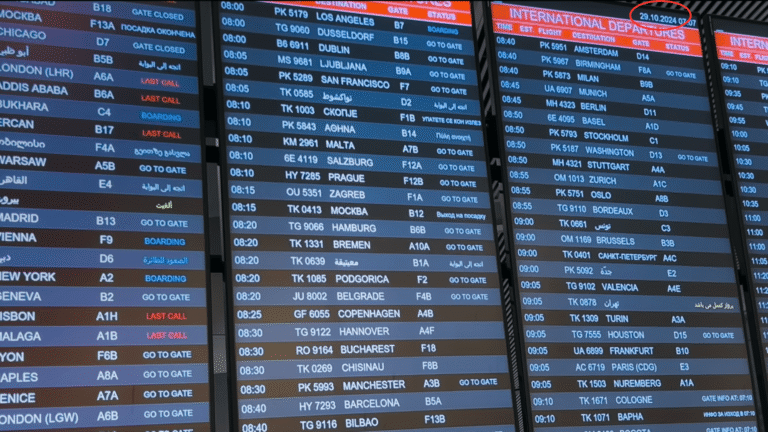 Airport departure board showing year 2024 in Bhooth Bangla background